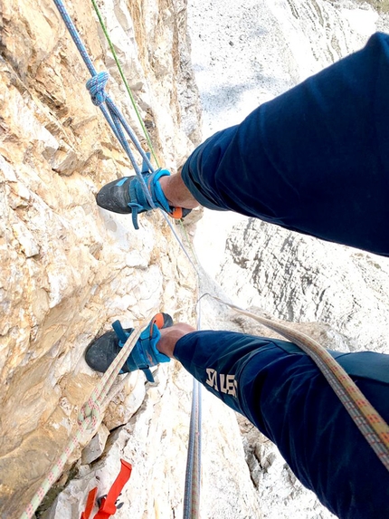 Cima Piccola di Lavaredo, Tre Cime di Lavaredo, Dolomites, Simon Gietl, Vittorio Messini - Simon Gietl and Vittorio Messini making the first ascent of Backstage on Cima Piccola di Lavaredo, Dolomites