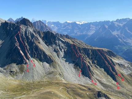 Vallone di Vertsan, Valle d'Aosta - Pic de Charmantagne, Vallone di Vertsan in Valle d'Aosta e le vie d'arrampicata: 1. Crête des Amis 2. Trekkinella 3. Crêta de Berto 4. Ermellino 5. Lamentone 6. Reset Ridge