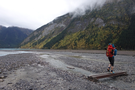 Mount Robson, Emperor Face, Canada, Ethan Berman, Uisdean Hawthorn - Uisdean Hawthorn on the long approach, at the top of Berg lake, prior to climbing the Emperor Face on Mount Robson