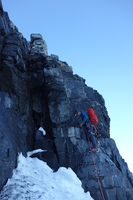 Mount Robson, Emperor Face, Canada, Ethan Berman, Uisdean Hawthorn - Uisdean Hawthorn on the lower choss of the Emperor Face on Mount Robson while making the first ascent of Running in the Shadows