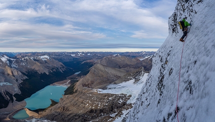 Mount Robson, Emperor Face, Canada, Ethan Berman, Uisdean Hawthorn - Mount Robson Emperor Face: Ethan Berman below at the start of one of the crux pitches about to launch into the steepness above, while making the first ascent of Running in the Shadows with Uisdean Hawthorn, autumn 2020