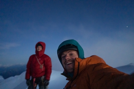 Mount Robson, Emperor Face, Canada, Ethan Berman, Uisdean Hawthorn - Ethan Berman and Uisdean Hawthorn on the summit of Mount Robson after having established Running in the Shadows on the Emperor Face