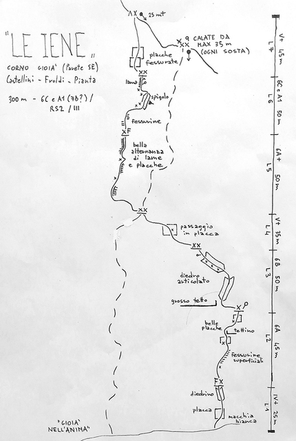 Corno Gioià, Adamello, Matteo Castellini, Luigi Froldi, Jacopo Pianta - Lo schizzo di Le Iene al Corno Gioià in Adamello, aperta da Matteo Castellini e Luigi Froldi il 12/09/2020 e Matteo Castellini e Jacopo Pianta il 30/09/2020  