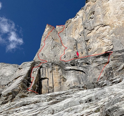 Baspa Valley, Raldang Spire, Kinnaur, India, Alexander Blümel, Much Mayr, Peter Mühlburger, Matthias Wurzer  - Baba Ji on Raldang Spire, Baspa Valley, India: 1. Baba Ji (Alexander Blümel, Much Mayr, Peter Mühlburger, Matthias Wurzer, 2019). 2. American-Belgian-Italian route (Matty Hong, Jacopo Larcher, Sieve Vanhee, 2019) 3. American attempt (Quinn Brett, Whitney Clark, Crystal Davis-Robbins 2015).