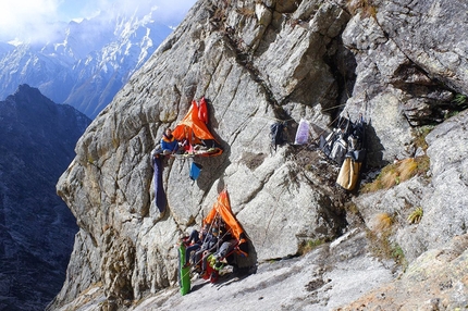 Baspa Valley, Raldang Spire, Kinnaur, India, Alexander Blümel, Much Mayr, Peter Mühlburger, Matthias Wurzer  - Baba Ji on Raldang Spire, Baspa Valley, India: Basecamp at the start of the wall.