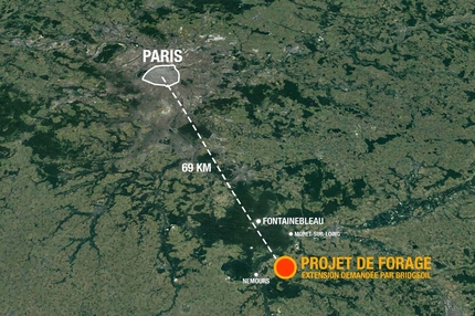 Fontainebleau oil drilling - A map showing Paris, Fontainebleau and the proposed oil drilling expansion project which proposes a further 10 oil wells, in addition to the 2 wells currently operating at Nonville