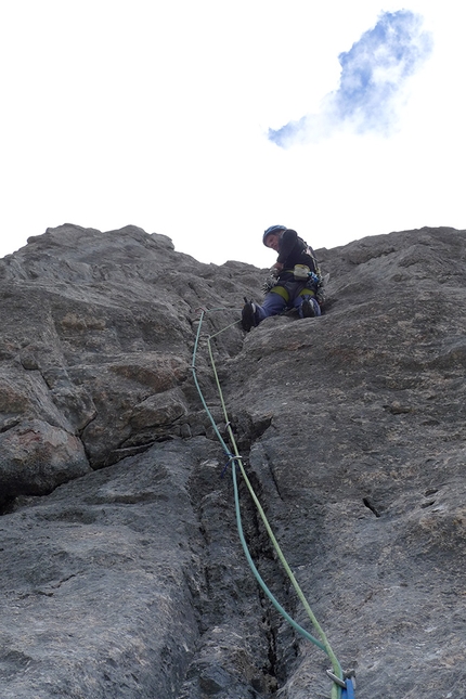 Trogkofel / Creta di Aip, Carnic Alps, Michal Coubal, Anna Coubal - Making the first ascent of The Hour Between Dog and Wolf, Trogkofel / Creta di Aip, Carnic Alps (Michal Coubal, Anna Coubal 08/2020)