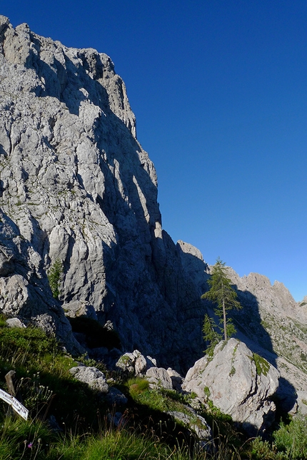 Trogkofel / Creta di Aip, Carnic Alps, Michal Coubal, Anna Coubal - Trogkofel / Creta di Aip, Carnic Alps which hosts the line Making the first ascent of The Hour Between Dog and Wolf put up by Michal Coubal and Anna Coubal in August 2020