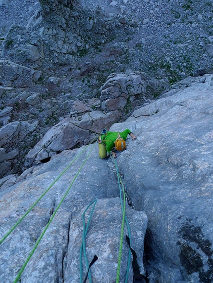 Trogkofel / Creta di Aip, Carnic Alps, Michal Coubal, Anna Coubal - Making the first ascent of The Hour Between Dog and Wolf, Trogkofel / Creta di Aip, Carnic Alps (Michal Coubal, Anna Coubal 08/2020)