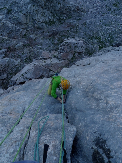 Trogkofel / Creta di Aip, Carnic Alps, Michal Coubal, Anna Coubal - Making the first ascent of The Hour Between Dog and Wolf, Trogkofel / Creta di Aip, Carnic Alps (Michal Coubal, Anna Coubal 08/2020)