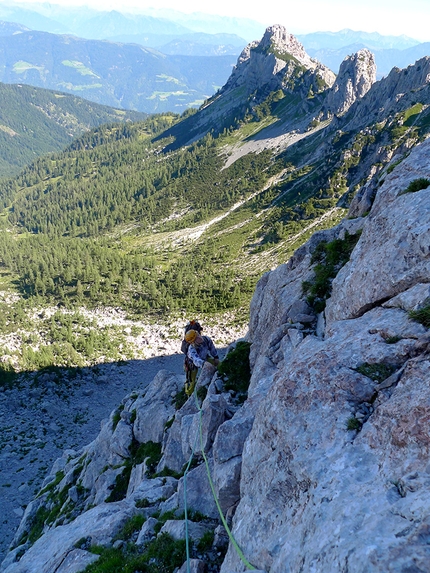 Trogkofel / Creta di Aip, Carnic Alps, Michal Coubal, Anna Coubal - Anna Coubal making the first ascent of The Hour Between Dog and Wolf, Trogkofel / Creta di Aip, Carnic Alps (Michal Coubal, Anna Coubal 08/2020)