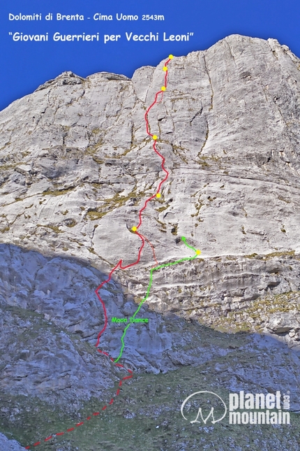 Cima Uomo, Dolomiti di Brenta, Rolando Larcher, Matteo Pavana - Il tracciato di Giovani Guerrieri per Vecchi Leoni alla Cima Uomo, Dolomiti di Brenta di Rolando Larcher e Matteo Pavana (06/2020)