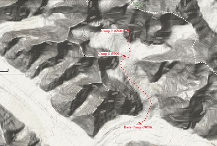 Gasherbrum II - Winter 2011 - La mappa del Gasherbrum II con la via finora percorsa