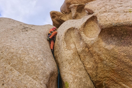 Rock climbing Bekatau - Ata, Kazakhstan,   Kirill Belotserkovskiy - Bekatau-Ata, Kazakhstan: Kirill Belotserkovskiy climbing Kosaya Levaya, 6a at Crocodile. Photo by Camille London