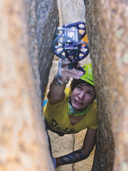 Rock climbing Bekatau - Ata, Kazakhstan,   Kirill Belotserkovskiy - Bekatau-Ata, Kazakhstan: Olga Belotserkovskaya putting a #5 Camalot into the celling at Rozhdenie, a super fun 5b at Mavzoleyniy sector