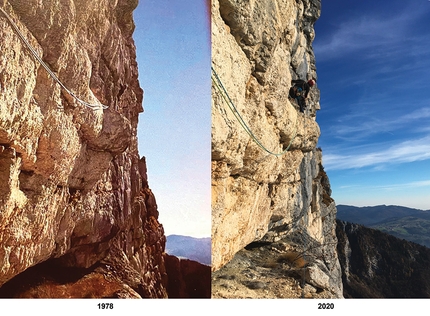 Campolongo arrampicata, Marco Toldo, Matthias Stefani, Franco Zuccollo, Renato Borgo - Il traverso della sesta lunghezza di Diretta del Cafelate a Campolongo a confronto. Franco Zuccollo a sinistra nel 1978 e Matthias Stefani a destra nel 2020