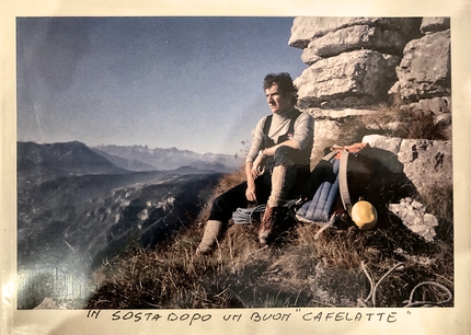 Campolongo arrampicata, Marco Toldo, Matthias Stefani, Franco Zuccollo, Renato Borgo - 1978 Franco Zuccollo all'uscita della Diretta del Cafelate at Campolongo dopo l'apertura insieme a Renato Borgo