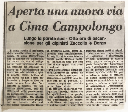 Campolongo arrampicata, Marco Toldo, Matthias Stefani, Franco Zuccollo, Renato Borgo - L'articolo di giornale che riporta l'apertura della Diretta del Cafelate a Campolongo da parte di Franco Zuccollo e Renato Borgo nel 1978