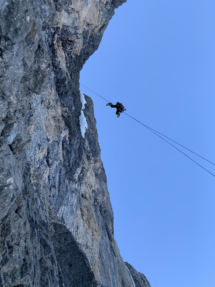 Sass dle Diesc, Fanes, Dolomites, Manuel Baumgartner, Simon Kehrer - Manuel Baumgartner and Simon Kehrer making the first ascent of Aurona, Sas dle Diesc, Fanes, Dolomites (28/11/2020)