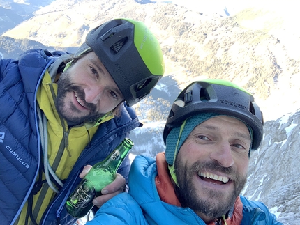 Sass dle Diesc, Fanes, Dolomites, Manuel Baumgartner, Simon Kehrer - Manuel Baumgartner and Simon Kehrer making the first ascent of Aurona, Sas dle Diesc, Fanes, Dolomites (28/11/2020)