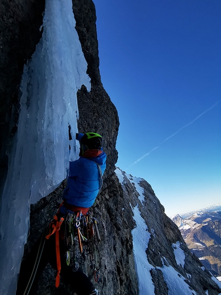 Sass dle Diesc, Fanes, Dolomites, Manuel Baumgartner, Simon Kehrer - Manuel Baumgartner and Simon Kehrer making the first ascent of Aurona, Sas dle Diesc, Fanes, Dolomites (28/11/2020)