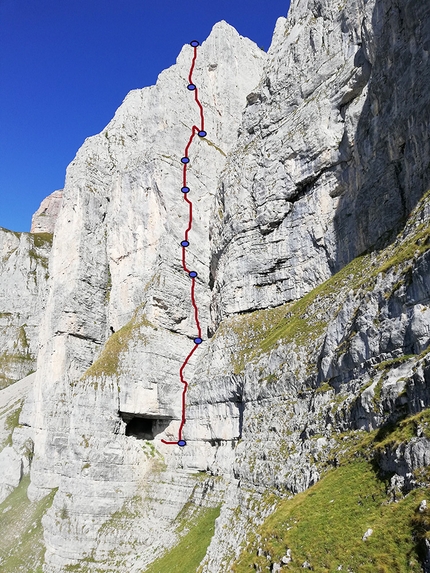 Luca Giupponi, Markus Aufderklamm, Dittatura Digitale, Cima Uomo, Dolomiti di Brenta - Il tracciato di Dittatura Digitale, Cima Uomo, Dolomiti di Brenta (Luca Giupponi, Markus Aufderklamm)