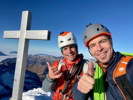 Gross Ruchen, Switzerland, Dani Arnold, Roger Schäli - Roger Schäli and Dani Arnold on the summit of Gross Ruchen in Switzerland on 21/11/2020 after the first ascent of and establishing Egidius up the mountain's north face
