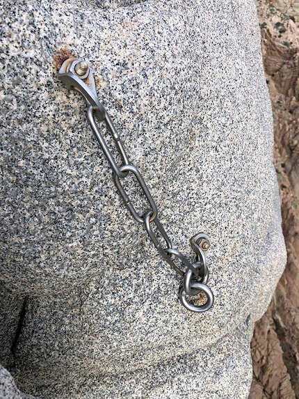 Sardinia titanium bolts - A belay using grade 316 stainless steel bolts placed in 2018 at Capo Pecora in Sardinia, photographed in 2020