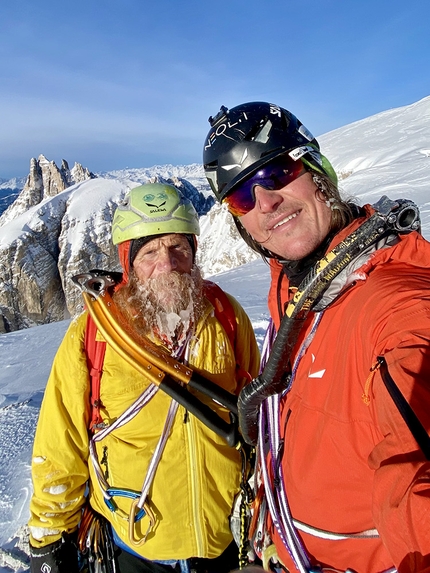 Phoenix, Monte Popera, Dolomites, Simon Gietl, Andrea Oberbacher - Andrea Oberbacher and Simon Gietl on the top of Phoenix on Monte Popera in the Sexten Dolomites (Simon Gietl, Andrea Oberbacher 27/12/2020)