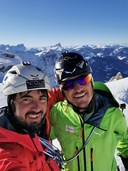 Sennesspitze, Dolomites, Manuel Gietl, Simon Gietl - Manuel Gietl and Simon Gietl on the summit after making the first ascent of Sorejina on Sennesspitze (Muntejela de Sénes), Dolomites