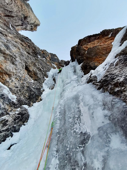 Sennesspitze, Dolomites, Manuel Gietl, Simon Gietl - Manuel Gietl and Simon Gietl making the first ascent of Sorejina on Sennesspitze (Muntejela de Sénes), Dolomites