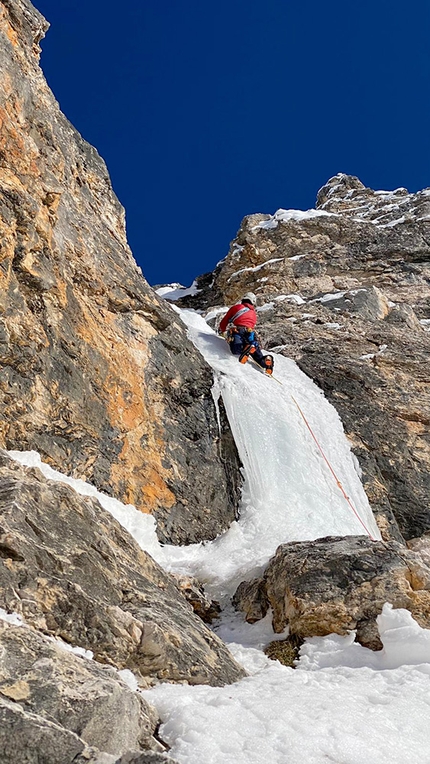 Sennesspitze, Dolomites, Manuel Gietl, Simon Gietl - Manuel Gietl and Simon Gietl making the first ascent of Sorejina on Sennesspitze (Muntejela de Sénes), Dolomites