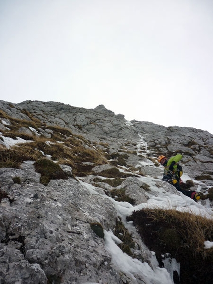 Cimon di Palantina, Gruppo Col Nudo - Cavallo, Dolomiti - Questo Gioco Di Fantasmi, primi salitori: Barry Bona e Peter Moser (Cimon di Palantina 2190m, Gruppo Col Nudo - Cavallo)