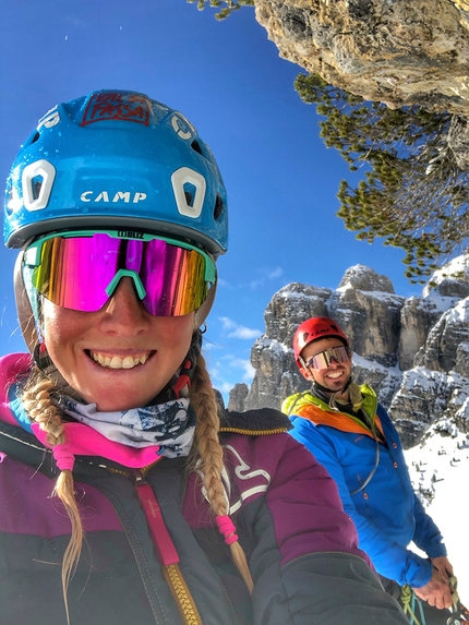 Cascata Toboga, Pala delle Masenade, Moiazza, Dolomites, Giorgia Felicetti, Federico Dell'Antone - Giorgia Felicetti and Federico Dell'Antone climbing Cascata Toboga at Pala delle Masenade, Moiazza, Dolomites