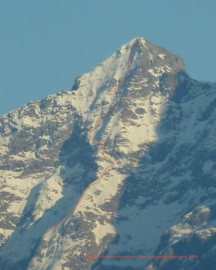 Chaperon, Paul Bonhomme, Xavier Cailhol - The line of Éperon des Saltimbanques on the North Face of Chaperon in the French Alps, skied for the first time by Paul Bonhomme and Xavier Cailhol on 19/01/2021