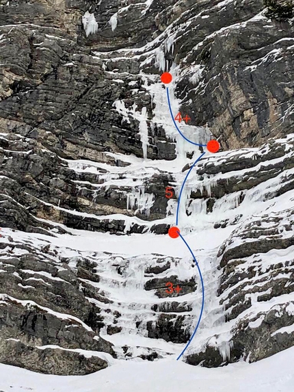 Dolomiti di Brenta, Val delle Seghe, Franco Nicolini, Davide Galizzi - La relazione della cascata di ghiaccio Majmbu il custode della teleferica sulla parete ovest del Croz dell'Altissimo, Dolomiti di Brenta (Franco Nicolini, Davide Galizzi 2021)