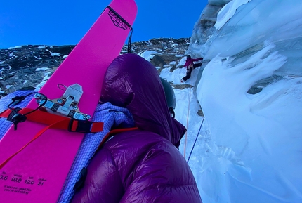 Gold Card Couloir, Canada, Brette Harrington, Christina Lustenberger, Andrew McNab - Brette Harrington, Christina Lustenberger and Andrew McNab making the first ski descent of Gold Card Couloir, located between Mount Burnham and Mount Grady in Canada