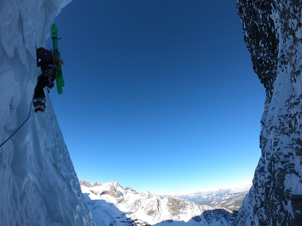 Gold Card Couloir, Canada, Brette Harrington, Christina Lustenberger, Andrew McNab - Brette Harrington, Christina Lustenberger and Andrew McNab making the first ski descent of Gold Card Couloir, located between Mount Burnham and Mount Grady in Canada