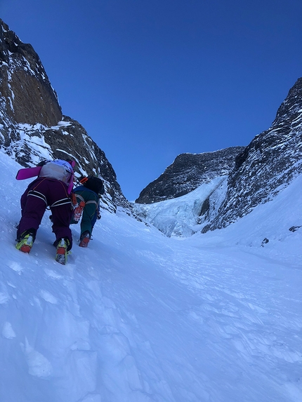 Gold Card Couloir, Canada, Brette Harrington, Christina Lustenberger, Andrew McNab - Brette Harrington, Christina Lustenberger and Andrew McNab making the first ski descent of Gold Card Couloir, located between Mount Burnham and Mount Grady in Canada