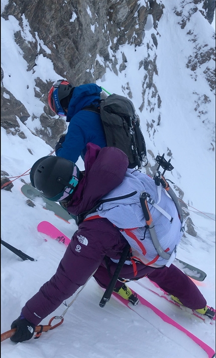 Gold Card Couloir, Canada, Brette Harrington, Christina Lustenberger, Andrew McNab - Brette Harrington, Christina Lustenberger and Andrew McNab making the first ski descent of Gold Card Couloir, located between Mount Burnham and Mount Grady in Canada