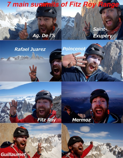 Sean Villanueva O’Driscoll, Moonwalk Traverse, Fitz Roy Traverse, Patagonia - Sean Villanueva and the seven main summits:  Aguja de l'S, Aguja Saint-Exúpery, Aguja Rafael Juárez, Aguja Poincenot, Cerro Fitz Roy, Aguja Mermoz, Aguja Guillaumet.