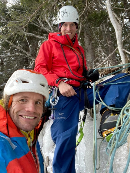 Roger Schäli, Marcel Schenk - Roger Schäli and Marcel Schenk making the first ascent of Lila Luna which acts as a direct start to Sot la sesa at Mulegns, January 2021