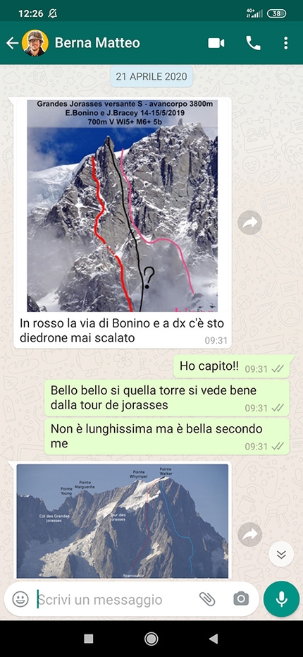 Grandes Jorasses, Il regalo di Berna, Matteo Della Bordella, Giacomo Mauri, Luca Schiera - Messaggi WhatsApp di Matteo Bernasconi e Matteo Della Bordella riguardante il progetto sulla parete sud delle Grandes Jorasses