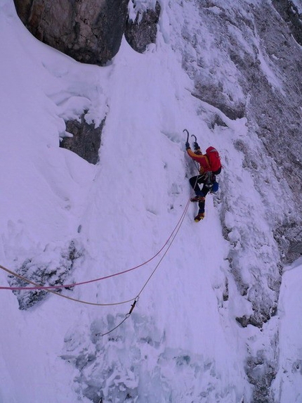 Triglav - Luka Krajnc climbing the steep and delicate section low down on the route on day 1.