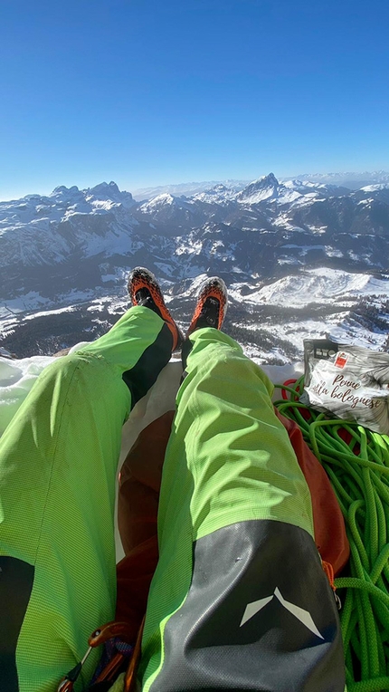 Simon Gietl, Mittelpfeiler, Heiligkreuzkofel, Sass dla Crusc, Dolomites - Simon Gietl during his rope-solo winter ascent of Mittelpfeiler on Heiligkreuzkofel / Sass dla Crusc in the Dolomites on 25/02/2021