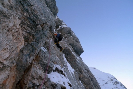 Triglav - Climbing the technical but well-protected upper section.