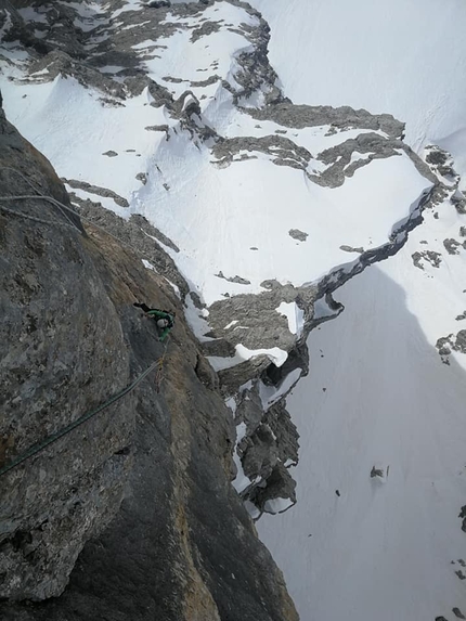 Civetta, Dolomites, Torre d’Alleghe, Nicola Tondini, Lorenzo D'Addario - Lorenzo D'Addario on the crux pitch of Dulcis in fundo up Torre d’Alleghe in Civetta, Dolomites