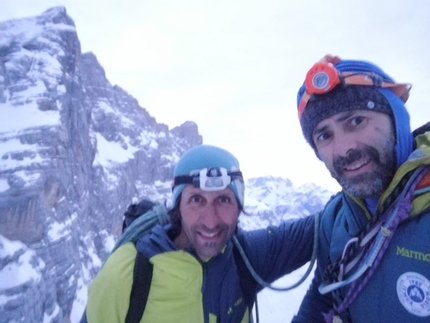 Civetta, Dolomites, Torre d’Alleghe, Nicola Tondini, Lorenzo D'Addario - Lorenzo D'Addario and Nicola Tondini making the first winter ascent of Dulcis in fundo up Torre d’Alleghe in Civetta, Dolomites on 03/03/2021