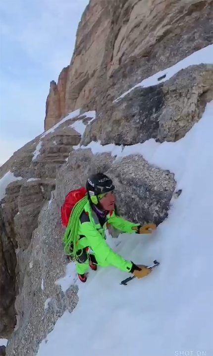 Grande Muro, Sass de la Crusc, Dolomites, Simon Gietl - Simon Gietl making his solo winter ascent of Grande Muro, Sass de la Crusc, Dolomites 