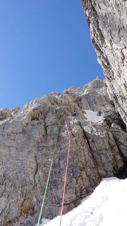 Brenta Dolomites, Sfulmini, Franco Nicolini, Davide Galizzi - Making the first ascent of La Piccozza nella Roccia up Punta Centrale dei Sfulmini in the Brenta Dolomites (Davide Galizzi, Franco Nicolini))